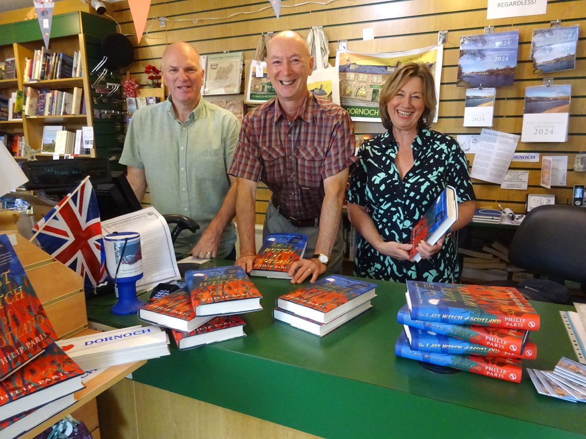 Philip Paris (centre) with Antony and Maggie Hope at Dornoch Bookshop